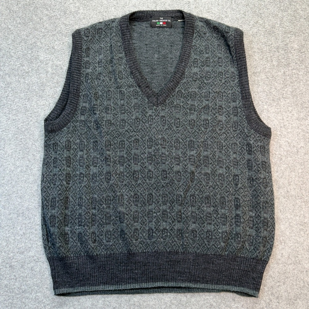 The Italian Sweater‎ Co. Men's Wool Knit Vest Gray Geometric Pattern Made Italy